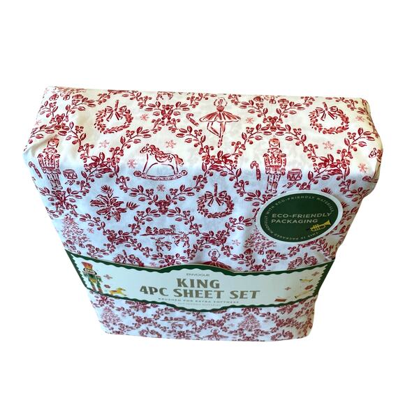 Envogue KING 4pc Sheet Set Nutcracker Toile Christmas Bedding Red & White New - Picture 7 of 11